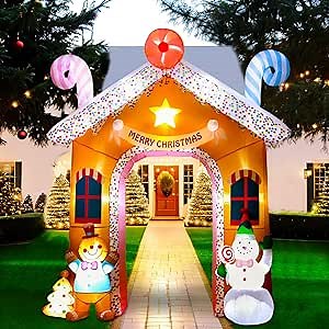 Christmas Inflatables Yard Decorations Outdoor, 10FT Tall Christmas Inflatable Archway with Gingerbread Man and Snowman, Blow Up Holiday Decorations for Xmas Party, Yard Lawn, New Year