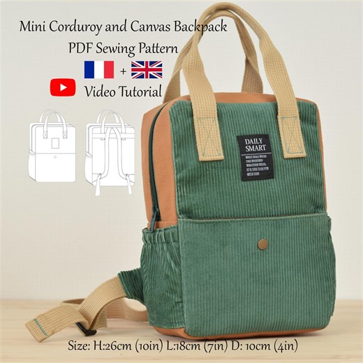 Mini Corduroy and Canvas Backpack With Pockets - PDF Sewing Pattern & Video Tutorial - One Size - Instant Download - A4, A0, US Letter. - Etsy