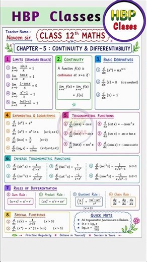 Class 12th Math Chapter 5 important formula | 12th math ch - 5 formula | class 12th math
