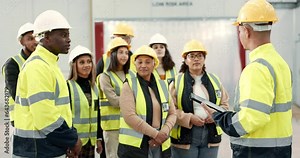 Engineering team, manager and tablet for construction site, planning and group management in building. Industry people, leader and contractor on digital tech and speaking of architecture design