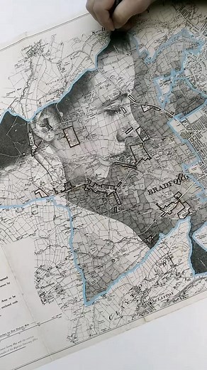 Currently on rotation in my studio is this unusual map of Bradford, UK, with portrait details crosshatched in ink. This is a good example of how I form the basis of each of my works, searching for a composition through complimentary lines, gestures and shapes. The original map is dated 1917, and has been in my collection for a while now. It looks like the map was created following the housing and town planning act of 1909. A little research shows that this act of parliament prevented the buildin