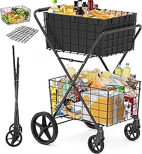 [2025𝐍𝐄𝐖] 2-Tier Extra Large Shopping Cart for Groceries, 400Lbs Grocery Cart with 2 Removable Storage Baskets, 360° Rolling Swivel Wheels, Waterproof Liner, Heavy Duty Utility Carts for Transport