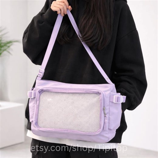 Purple Ita Bag, Spring Shoulder Bag With Clear Pocket, Anime Pin Display Crossbody Bag, Cute Nylon Ita Messenger Bag for School & College - Etsy