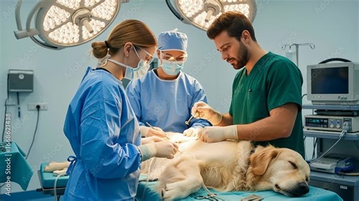 Veterinary surgery for dog under anesthesia in pet hospital with skilled vet and nurse performing abdominal procedure