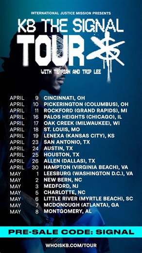 THE SIGNAL TOUR is officially on sale!! Be in the room for what is going to be an unforgettable night. Be the first to hear some new songs from the new album. Tickets are live now at http://whoiskb.com/tour. VIP options available (s/o @southsiderabbi)! Tell me what city you’re pulling up to — and where we need to go next. This is not a single, it’s a signal! 🎯 @iamterrian @triplee116 @ijm #thiscannotbesold #thesignaltour #hga | KB