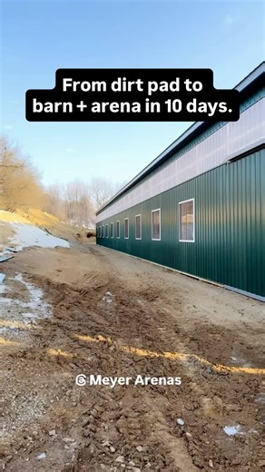 10 days ago this was just a dirt pad. Today it’s a barn and indoor arena with roofing and siding complete. Interior well on the way. Systems matter. Experience matters. Repetition builds speed without sacrificing quality. #MeyerArenas #IndoorArena #HorseBarn #EquestrianFacility #FarmBuild | Meyer Arenas and Construction, LLC