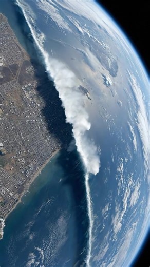 high above, the ocean seems calm… until a massive wave formation rises. This is a visual dramatization of the incredible energy of Mother Nature. #tsunami #natureforces #earthimpacts #oceanwatch #fblifestyle #coastalview #waves #stormscene #oceanpower #weathervisuals #ontario | Earth Impacts