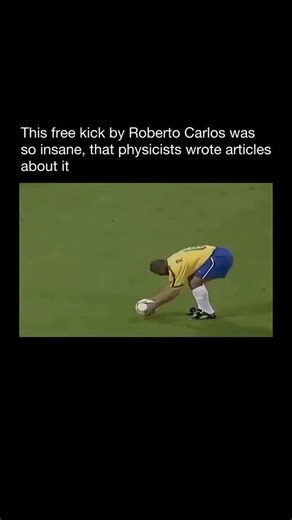 Random Videos on Instagram: "This legendary free kick by Roberto Carlos in 1997 is one of the most famous examples of physics in sports. The claim that physicists wrote articles about it is absolutely true. What makes this goal so scientifically “insane” is the ball’s physics-defying trajectory. Carlos strikes the ball with the outside of his left foot, imparting a massive amount of sidespin. For the first part of its flight, the ball travels straight, pushed by the force of the kick. However, a