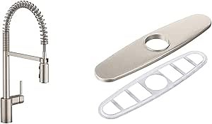 Moen Align Spot Resist Stainless One Handle Pre-Rinse Spring Pulldown Kitchen Sink Faucet with Power Boost for a Faster Clean, 5923SRS + 141002CSL Escutcheon Plate for 3 Hole Sinks