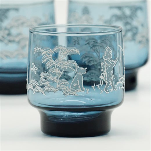 5 Vintage Blue Glass Tumblers With White Embossed Storybook Scene | by Libbey Mary Gregory - Etsy