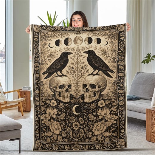 Gothic Raven Skull Quilt Blanket, Halloween Crow Print Patchwork Throw, Spooky Floral Skeleton Bedspread, Dark Aesthetic Witchy Bedding Gift - Etsy