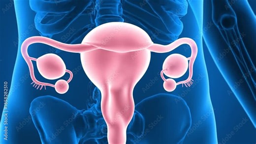 Detailed medical animation showing the female reproductive system including uterus fallopian tubes and ovaries inside a translucent blue human body with soft pink organs on a blurred background creati
