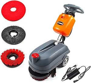 SUNMAX RT15 Compact Commercial Walk-Behind Floor Scrubber Machine, 14" Disc Brush, Battery Powered, 14,500 sqft/h Cleaning Efficiency