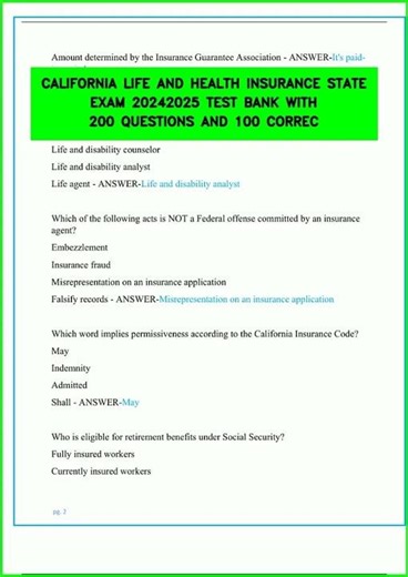 CALIFORNIA LIFE AND HEALTH INSURANCE STATE EXAM 20242025 TEST BANK WITH 200 QUESTIONS AND 100 CORREC