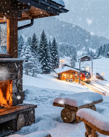 The Most Peaceful Winter Scene You'll See Today ❄️🚆 #relax #fireplace