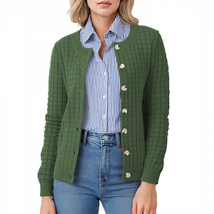 Asklazy Women's Open Front Cardigan Casual Lightweight Crewneck Long Sleeve Button down Knit Sweaters Army green,(S-2XL）