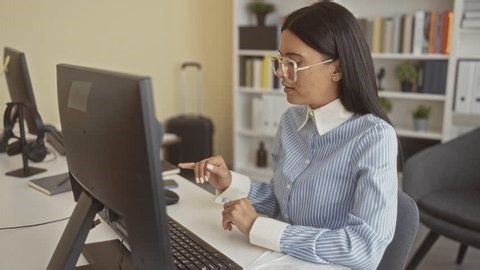 clip-4018445555-woman-reaches-hand-computer-monitor-keyboard-expressive