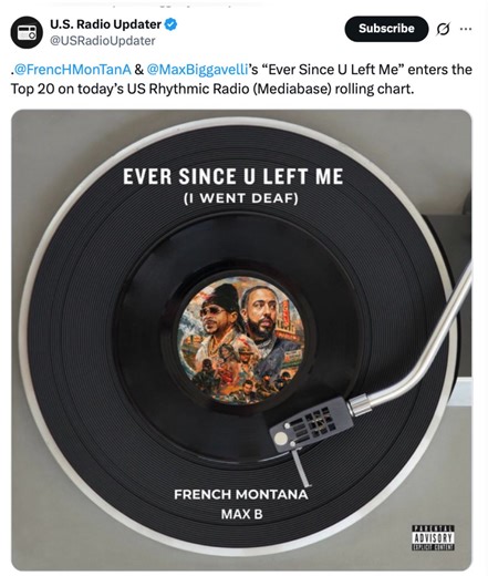 French Montana & Max B “Ever Since U Left Me (I Went Deaf)” Officially enters the Top 20 on U.S. Rhythmic Radio (Mediabase) 📻🔥 The wave is moving the charts Love to all the DJs, programmers, and Everyone supporting this record 🌊 | French Montana