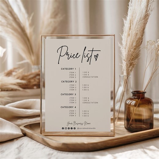 Boho Price List Template, Printable Pricing List, DIY Payment Sign, Service Menu, Salon Price List, Canva Template, Editable Pricing Sheet - Etsy