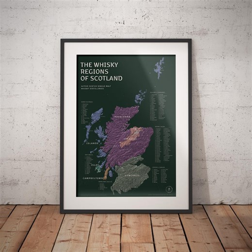 Scotland Whisky Map Poster – Black Watch Edition | Single Malt Distilleries (2026) | Minimalist Dark Green Wall Art