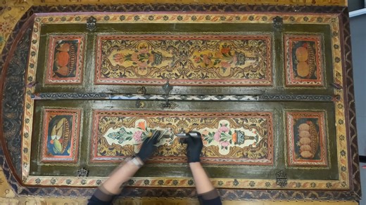 Changes are coming to the Damascus Room! The Cincinnati Art Museum has embarked on a multiyear project to conserve the Damascus Room. After testing materials and the condition of the wooden wall panels, conservators are carefully stabilizing flaking paint and metal leaf and removing a darkened varnish that has obscured the room’s brilliance. These efforts will reveal the room’s originally vivid surfaces and ensure that our visitors can enjoy this space for years to come. | Cincinnati Art Museum