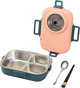 Bento Lunch Box, 304 Stainless Steel Portable Leakproof Lunch Food Containers Set with 3 Compartment for Adults - with Chopsticks Spoon Soup Bowl Gift for Friends, Family (Pink)