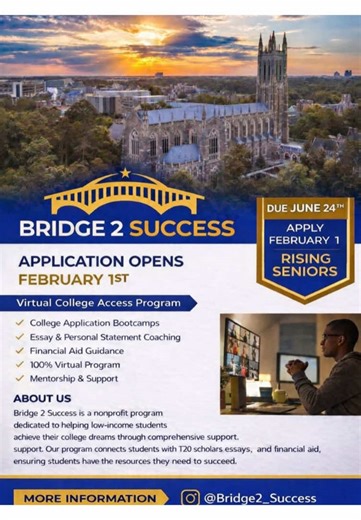 Follow @Bridge 2 Success on instagram and TikTok for more information! Bridge 2 Success supports low-income and first-gen students with real guidance, mentorship from top college scholars, and the resources needed to succeed. College success shouldn’t depend on your zip code. #classof2027 #collegeprogram #ivyleague #junioryear #topcolleges