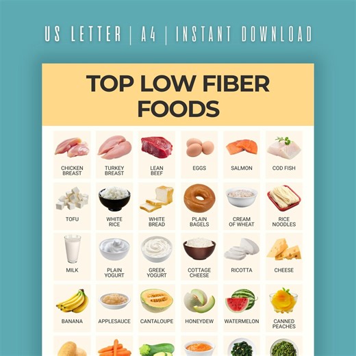 Low Fiber Foods Chart, Low Fiber Food List, Low Residue Diet Chart, Soft Food Chart, Fiber Free Foods, Bland Diet List - Etsy