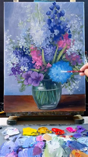🎨 Painting a Vibrant Floral Arrangement in Glass Vase #huyhoihoaart #acrylicpainting #painting