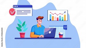 Business man character work with laptop in office. Financial agenda plan and stock graph animation.