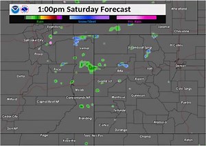 Showers and thunderstorms will move through the region this Saturday afternoon. The activity will be scattered however, as shown in this forecast view, and not everyone will see precipitation. Brief bursts of snow will be possible in the higher terrain mainly above 9,000 feet. | US National Weather Service Grand Junction Colorado