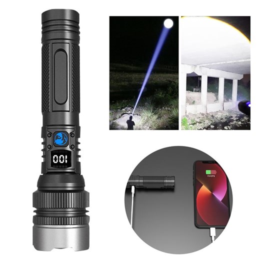 2-in-1 Rechargeable Flashlight + Power Bank, Super Bright, Zoomable Beam LCD Digital Power Display 3 Modes Pocket Waterproof Flashlight for Camping Hiking Home
