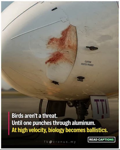 At cruising speeds, a commercial jet travels around 500 to 600 mph (800–965 km/h). At those speeds, even a small bird becomes a deadly projectile. In this photo, you're looking at the aftermath of a bird strike — when a bird collides with an aircraft mid-flight. That red smear? It used to be an animal. Now it's a forensic mess of velocity and biology. But the shocking part isn’t the blood. It’s the physics. At impact speeds like this, kinetic energy turns flesh into force. A 2–4 lb bird hitting 