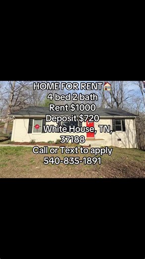🏡 Affordable living in a great location! This cozy 4 bed, 2 bath home offers 1,056 sqft of comfortable space—perfect for families or roommates looking to save without sacrificing convenience. 💰 Rent: $1,000/month 📍 White House, TN 37188 ✨ Features: • 4 spacious bedrooms • 2 full bathrooms • Functional layout with comfortable living space • Great option for budget-friendly living 📲 Ready to move in? Call or text 540-835-1891 to apply today! #forrent #whitehousetn #tennesseeliving#goviral #fyp