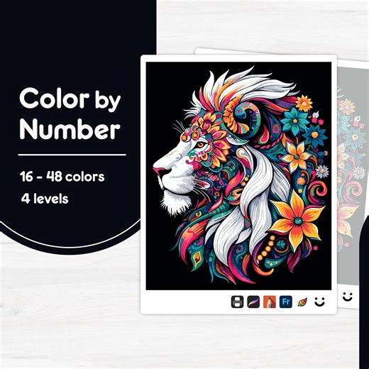 Colorful Lion Profile - Color by Number - Digital & Printable - 4 Levels - Etsy