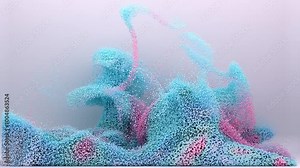 3d render of abstract art video animation 3d background with surreal motion moving festive wavy party balls sphere particles liquid substance in blue purple yellow gradient color in rectangle shape