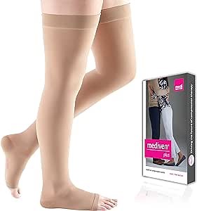 mediven Plus for Men & Women, 30-40 mmHg – Open Toe, Thigh High Compression Stockings with Silicone Top Band , V, Beige