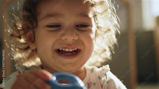 Cute toddler plays with colorful toy, happy little child enjoys playtime indoors.