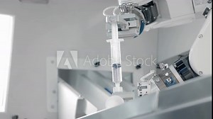 Robotic arm makes an injection with chemotherapy medicine. Two manipulators fills the drug into a syringe. New technologies in medicine, innovations. Remote treatment of cancer patients and infected. Stock Video