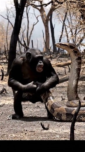 African Rock Python vs Chimpanzee on the a burnt, ash-dusted savanna recovering from wildfire