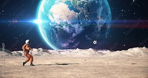 Young Astronaut On An Alien Planet Playing Soccer. Shooting Slowly. Earth Is Visible. Space Related Majestic Scene. Slow Motion.