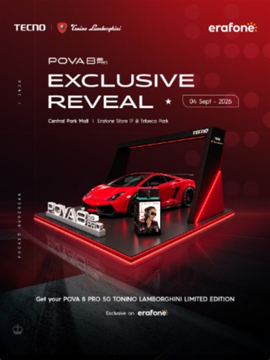 THE EXCLUSIVE REVEAL IS HERE! 🏁 Kenalan lebih dekat dengan TECNO POVA 8 Pro 5G Tonino Lamborghini Limited Edition premium, powerful, dan super eksklusif. Benefit yang akan kamu dapatkan diantaranya: 🎮 Meet & Play with EVOS KYYG 🥤 Share & Sip ChaTraMue GRATIS 📱 Exclusive Preview TECNO POVA 8 Pro 5G Detail Acara: 📍 Central Park Mall | EraFone Store 1F & Tribeca Park 📅 04 September 2026 We can’t wait to see you there! 👋🏻 #TECNOPOVA8 #TECNOPOVA8Pro5G #TECNOPOVA8SERIES