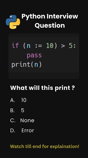 Day 63 | Python Interview Questions | Walrus Operator Scope Trick 🤯 #python #shorts