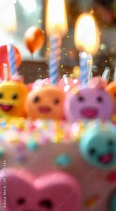 A playful birthday cake with candles, decorated with fun, colorful emoji faces scattered around the sides, each expressing a different emotion.