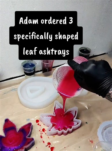 Adam ordered 3 specifically shaped leaf ashtrays, now they're available on my website! #resinart #glow #leaf #ashtray