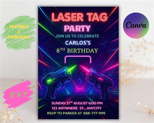 Laser Tag Birthday Invitation, Laser Tag Invitation, Neon Laser Tag Invite, Neon Glow Laser Party Digital Download, Editable Canva Template - Etsy