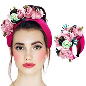 Pink Rose Flowers Headbands Boho Wide Headband Wedding Floral Hairband Prom Party Festivlal Photo Hair Accessory for Women