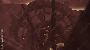 Cinematic flyover shot of a stormy mountainous alien crash site, along the spine of a vast derelict space ship with wreckage, through an electrical silicate storm - red color scheme