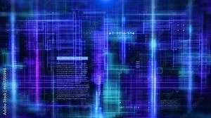 Technology glow grid stream line data communications with HUD system analysis panel on blue background. Digital node simulation 4K motion