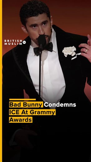 Rapper Bad Bunny used his acceptance speech at the 2026 Grammy Awards in Los Angeles to denounce US Immigration and Customs Enforcement, opening with “ICE out” and emphasizing that immigrants are human and American, urging compassion over hate as the audience responded with a standing ovation. #viral #Rapper #Bunny #ICE #Awards #immigrants #Americans #humans | BritishMuslimTV